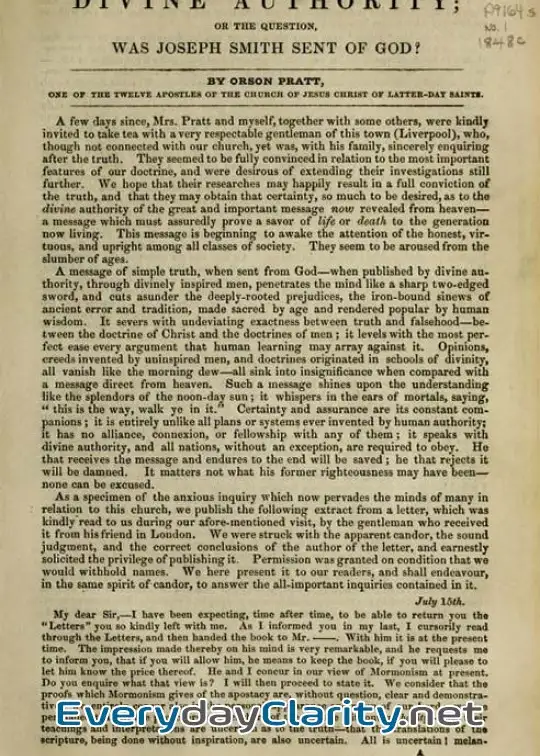 Book cover: Divine Authority; Or, The Question. Was Joseph Smith Sent Of God