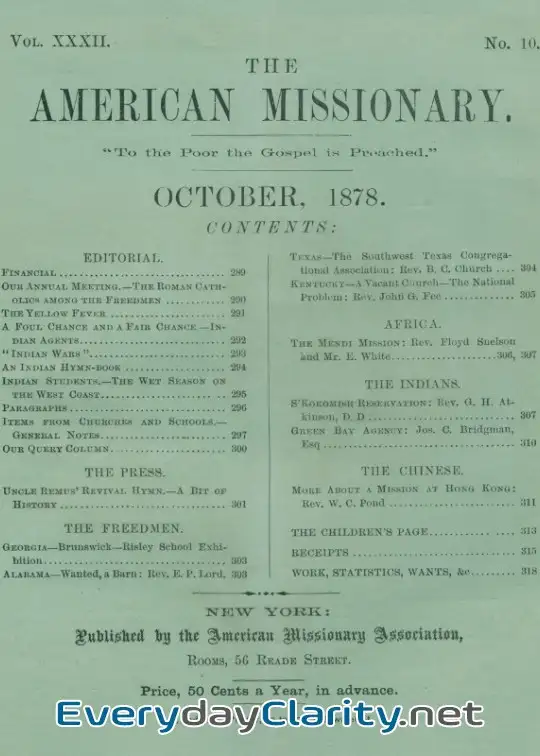 Book cover: The American Missionary — Volume 32, No. 10, October, 1878