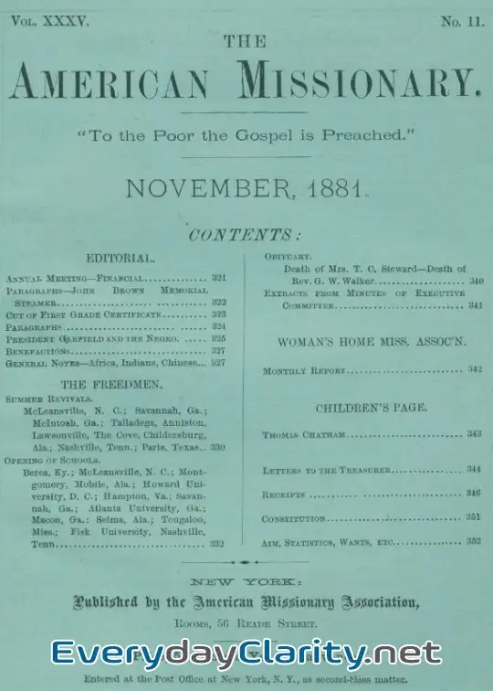 Book cover: The American Missionary — Volume 35, No. 11, November, 1881