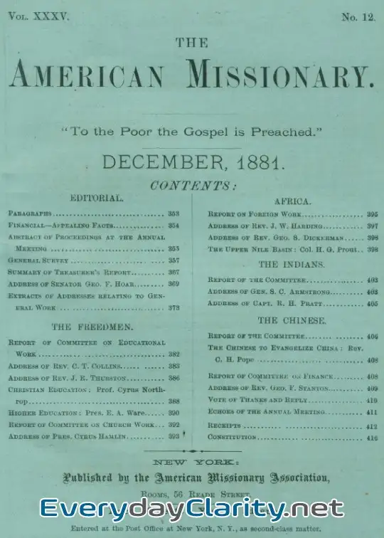 Book cover: The American Missionary — Volume 35, No. 12, December, 1881
