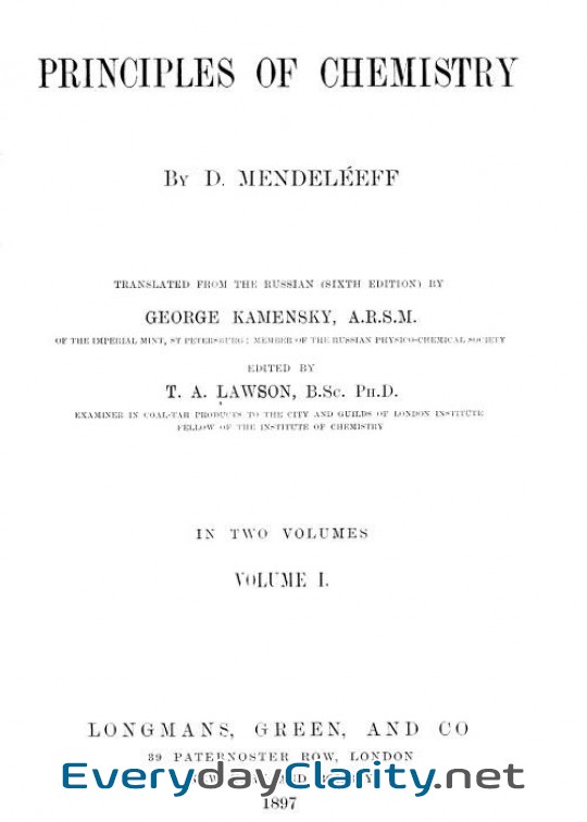 Book cover: The Principles Of Chemistry, Volume I